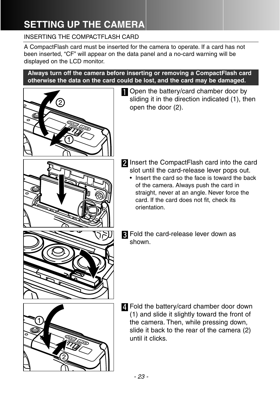 Inserting the compactflash card, Setting up the camera | Konica Minolta DiMAGE E201 User Manual | Page 23 / 96