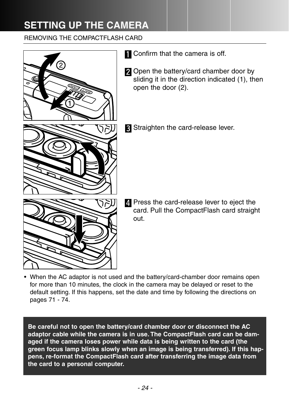 Removing the compact flash card, Setting up the camera | Konica Minolta DiMAGE E201 User Manual | Page 24 / 96