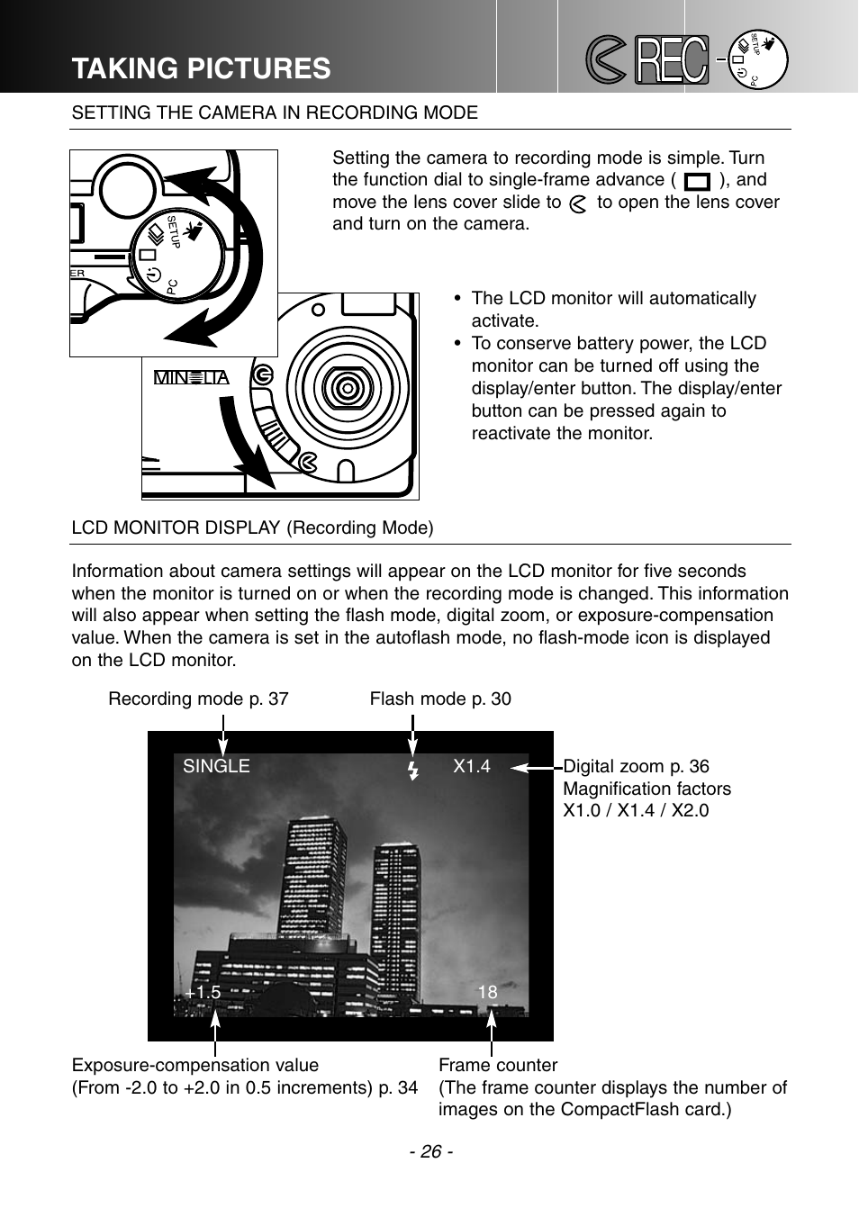 Taking pictures | Konica Minolta DiMAGE E201 User Manual | Page 26 / 96