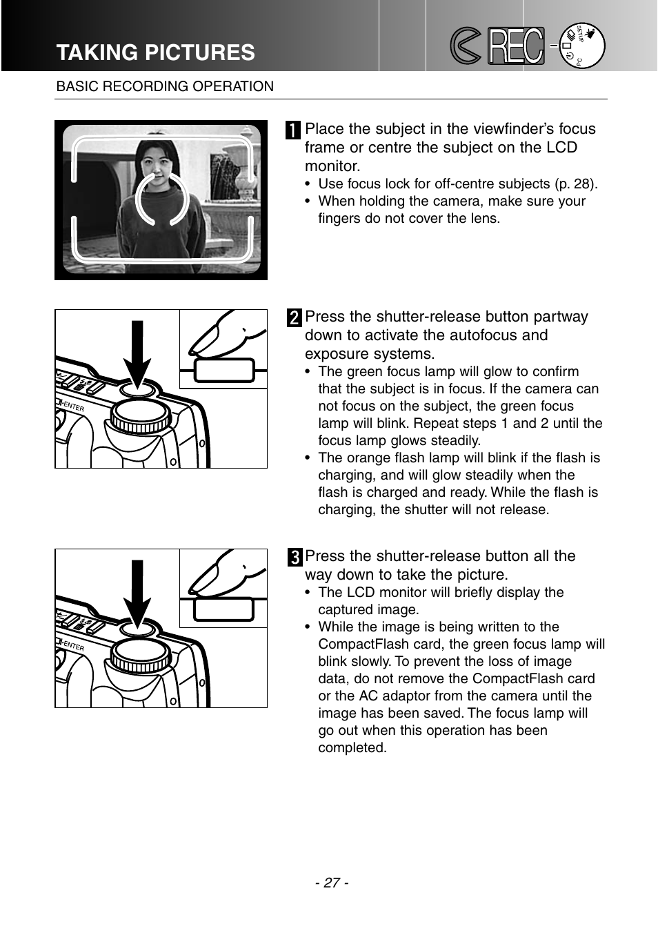 Basic recording operation, Taking pictures | Konica Minolta DiMAGE E201 User Manual | Page 27 / 96