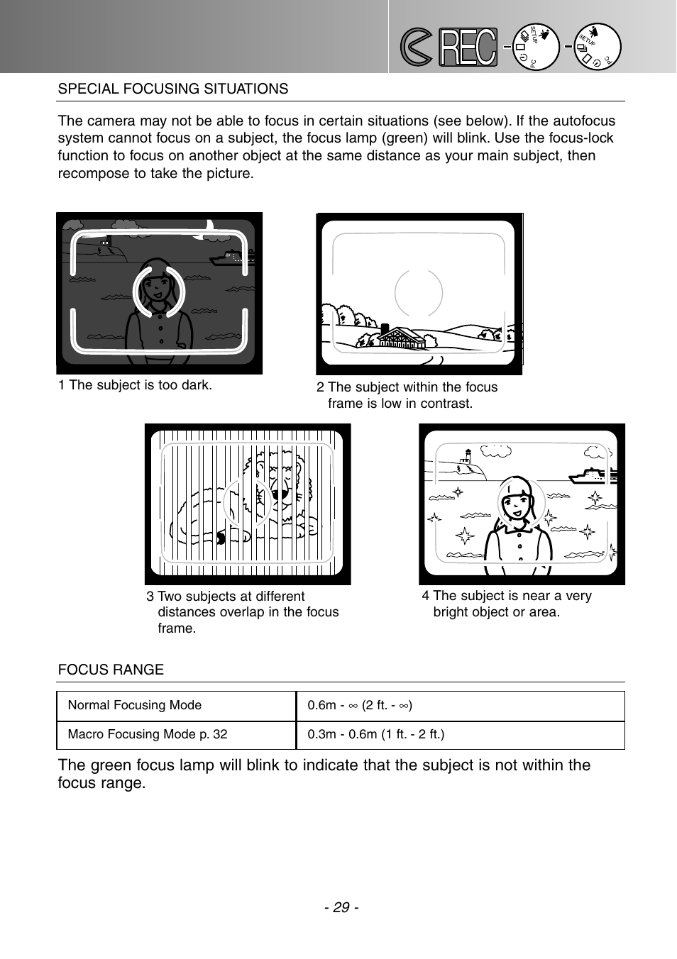 Special focusing situations focus range | Konica Minolta DiMAGE E201 User Manual | Page 29 / 96