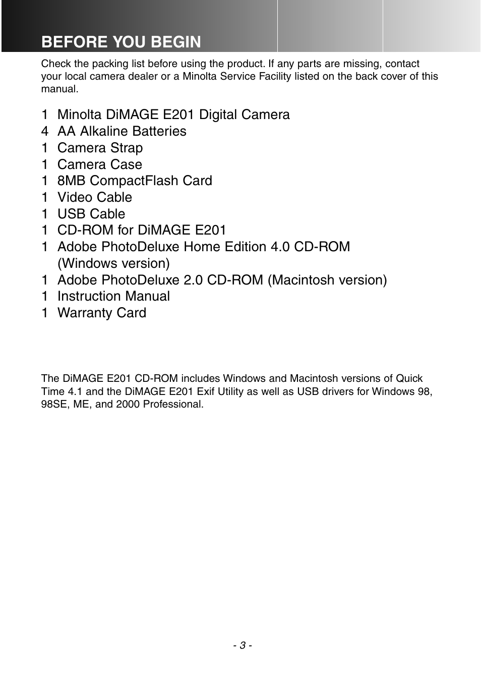 Before you begin | Konica Minolta DiMAGE E201 User Manual | Page 3 / 96