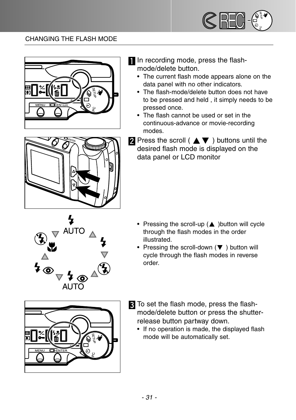 Changing the flash mode | Konica Minolta DiMAGE E201 User Manual | Page 31 / 96