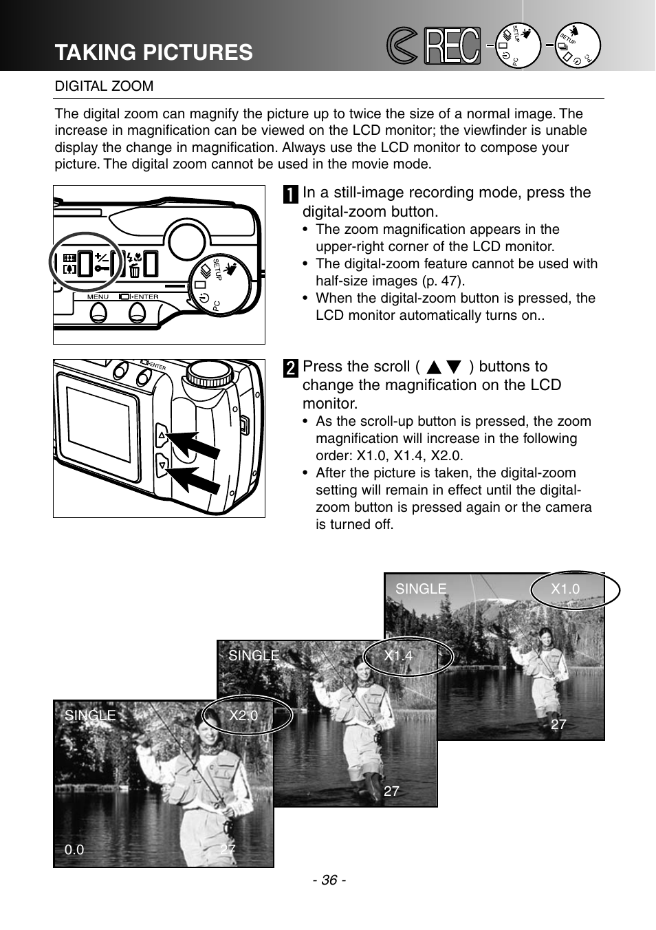 Digital zoom, Taking pictures | Konica Minolta DiMAGE E201 User Manual | Page 36 / 96