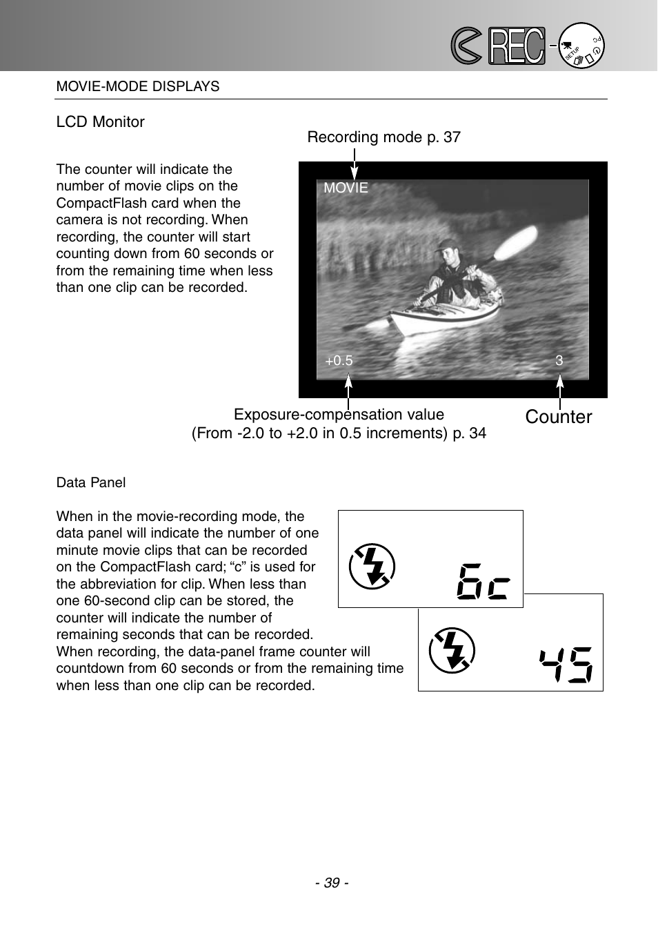 Movie-mode displays, Counter | Konica Minolta DiMAGE E201 User Manual | Page 39 / 96