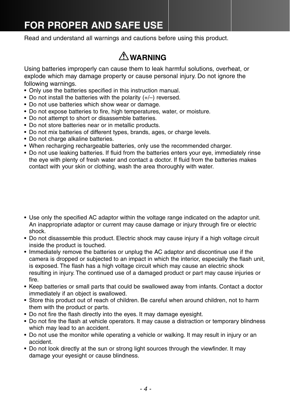 For proper and safe use, Warning | Konica Minolta DiMAGE E201 User Manual | Page 4 / 96