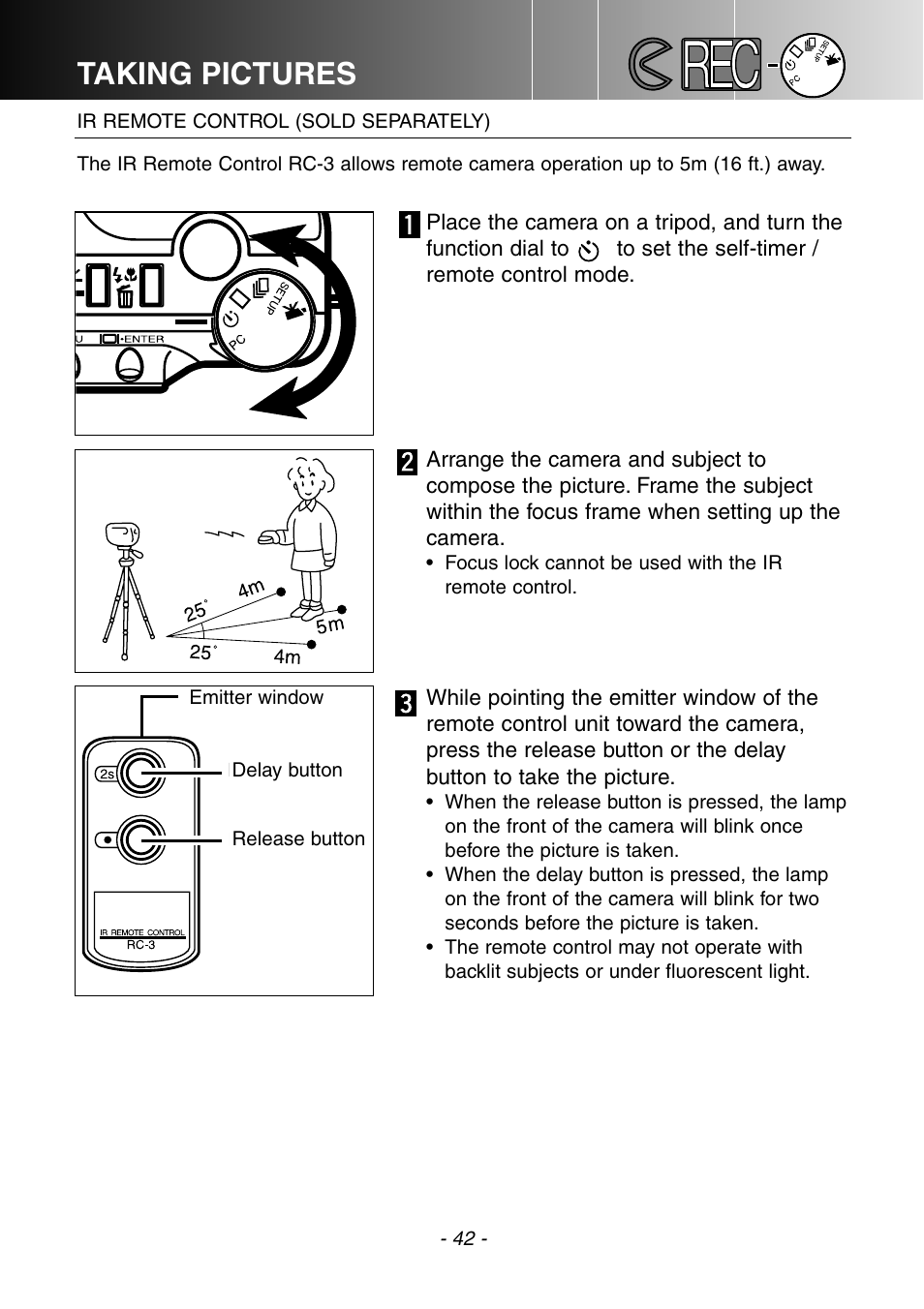 Ir remote control (sold separately), Taking pictures | Konica Minolta DiMAGE E201 User Manual | Page 42 / 96