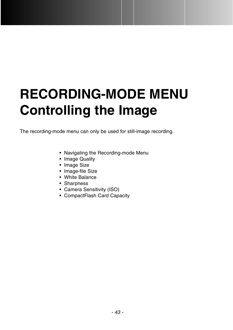 Recording mode menu (controlling the image), Recording-mode menu controlling the image | Konica Minolta DiMAGE E201 User Manual | Page 43 / 96