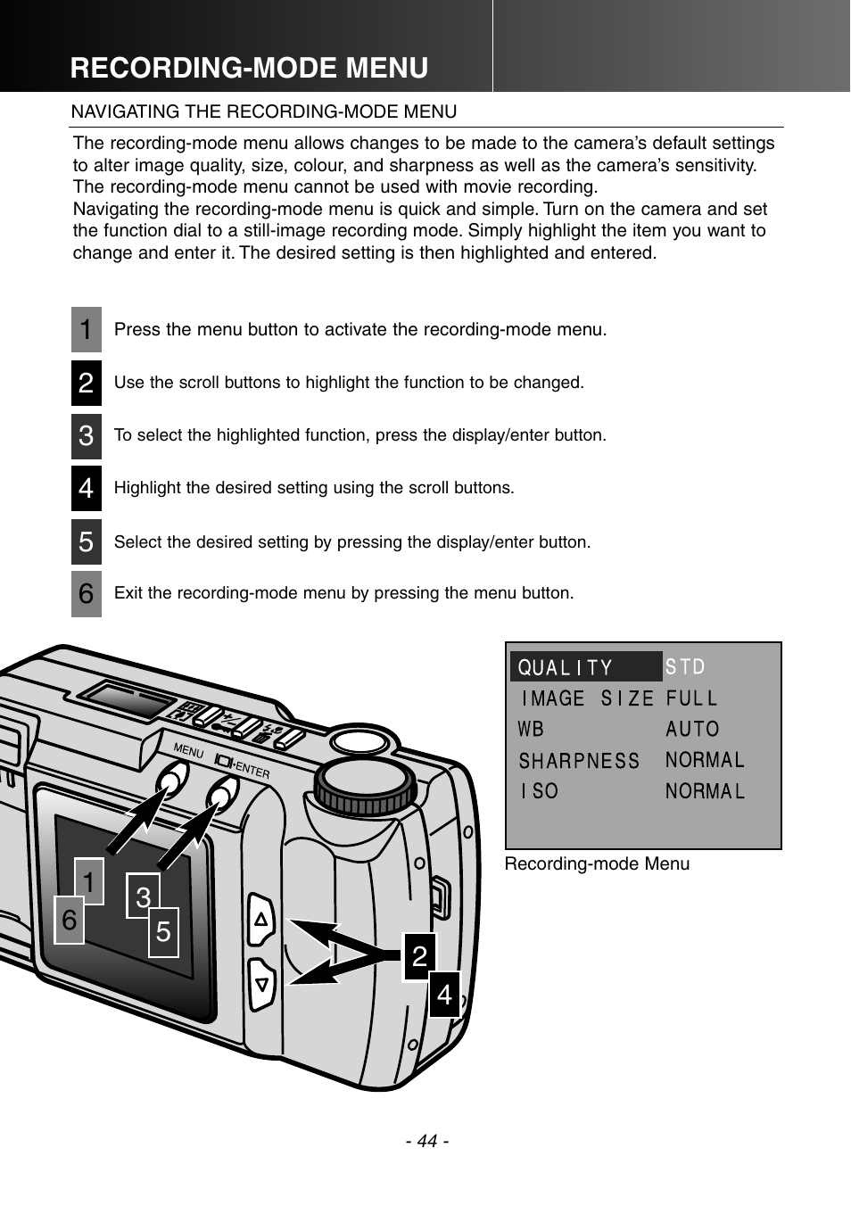 Navigating the recording-mode menu, Recording-mode menu | Konica Minolta DiMAGE E201 User Manual | Page 44 / 96