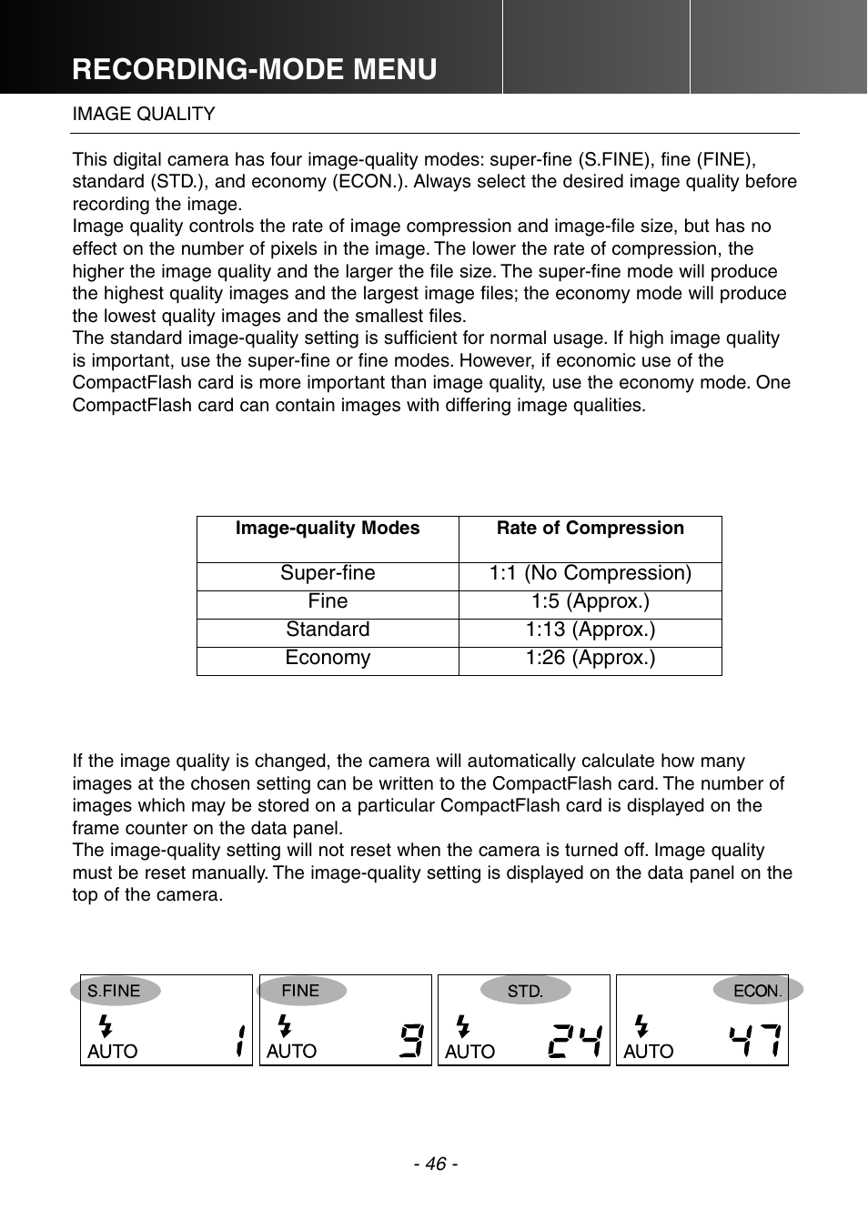 Image quality, Recording-mode menu | Konica Minolta DiMAGE E201 User Manual | Page 46 / 96