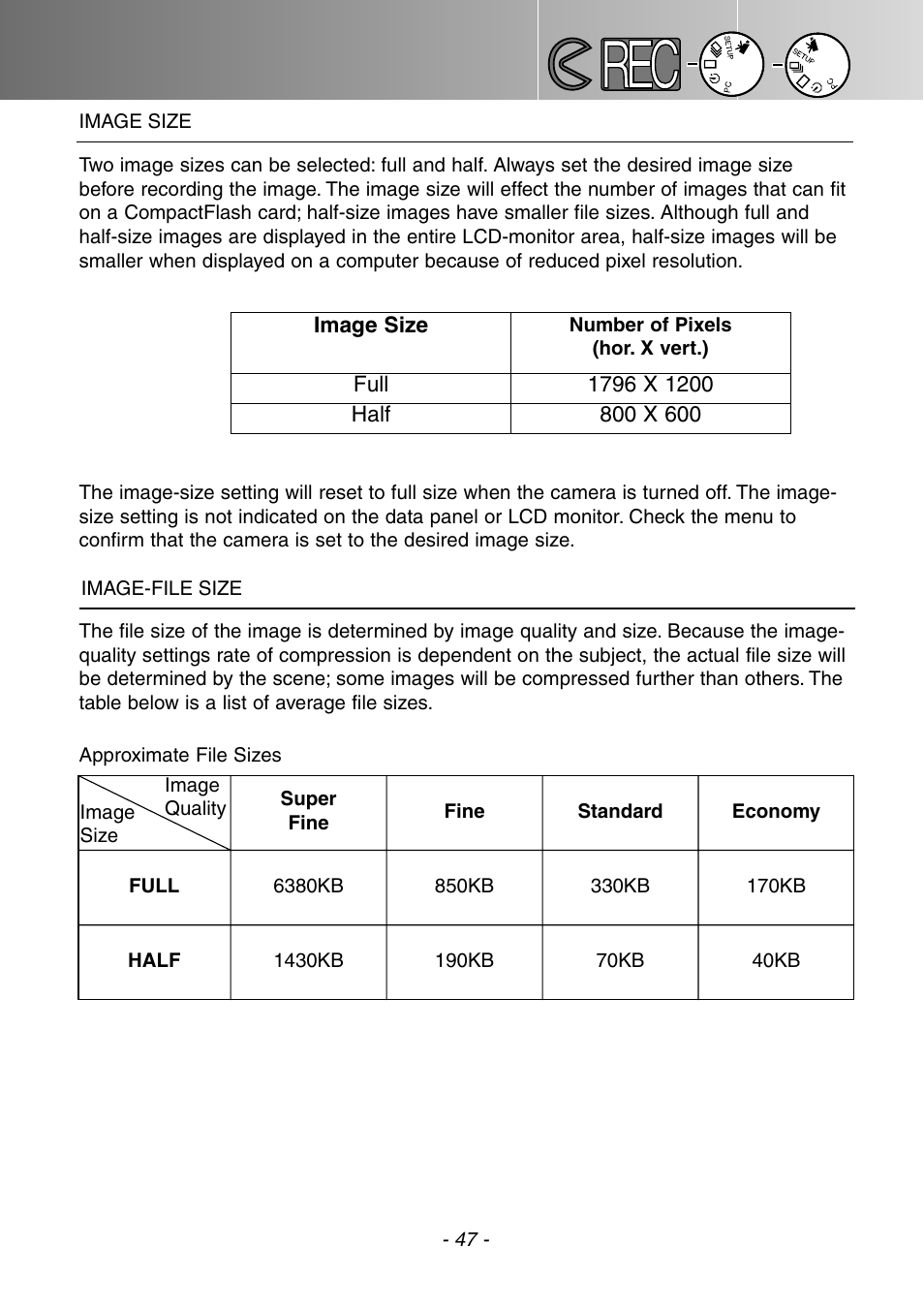 Image size image-file size | Konica Minolta DiMAGE E201 User Manual | Page 47 / 96