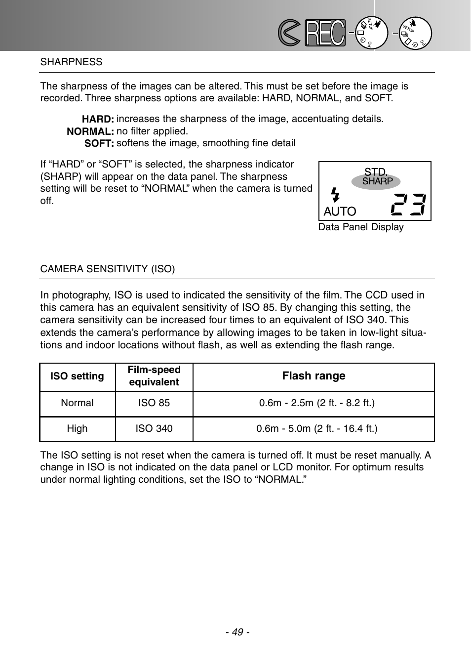 Sharpness camera sensitivity (iso) | Konica Minolta DiMAGE E201 User Manual | Page 49 / 96
