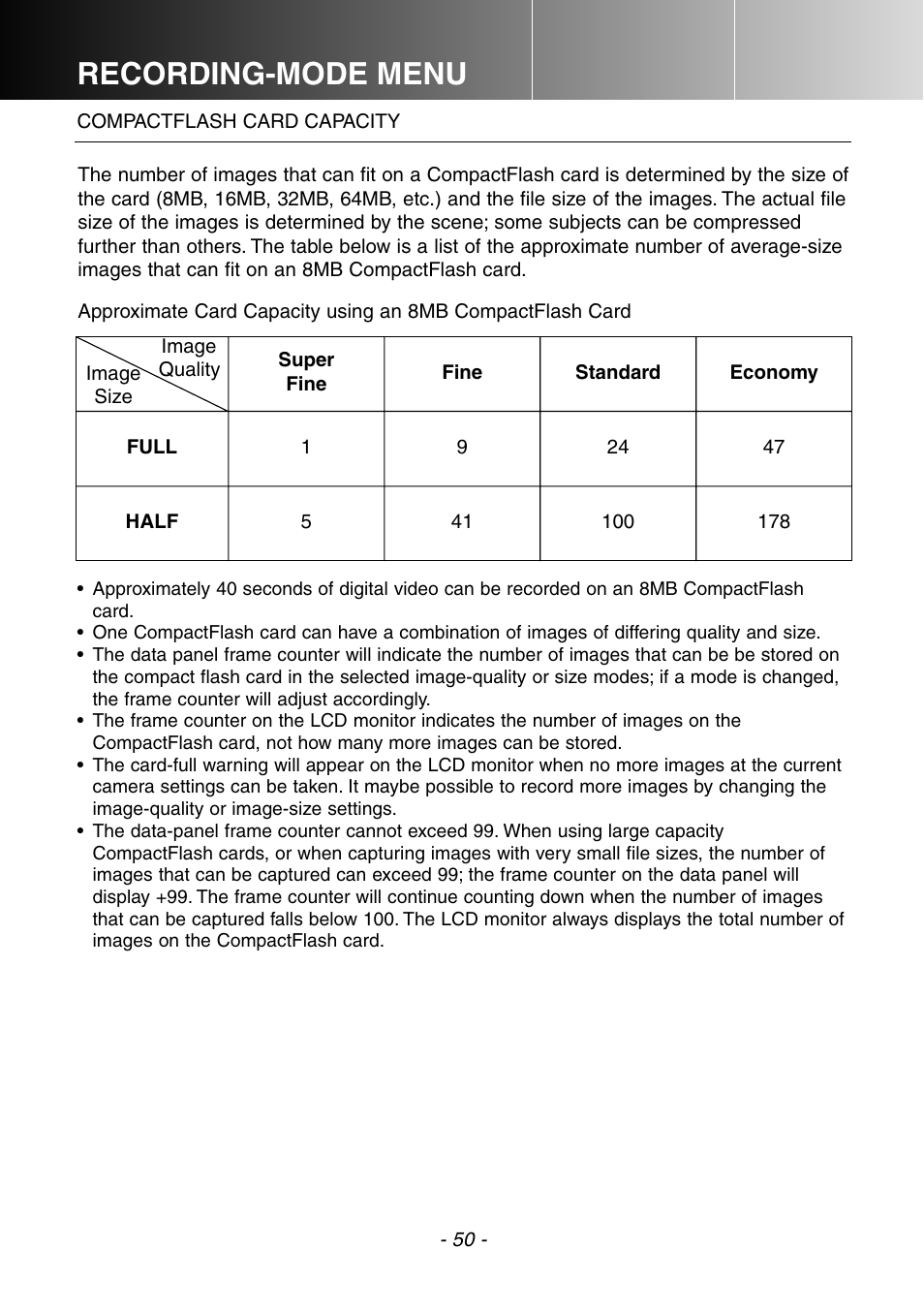 Compactflash card capacity, Recording-mode menu | Konica Minolta DiMAGE E201 User Manual | Page 50 / 96