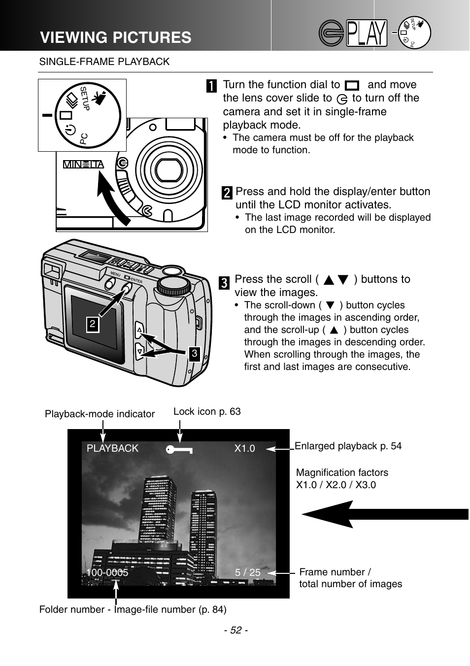 Single-frame playback, Viewing pictures | Konica Minolta DiMAGE E201 User Manual | Page 52 / 96
