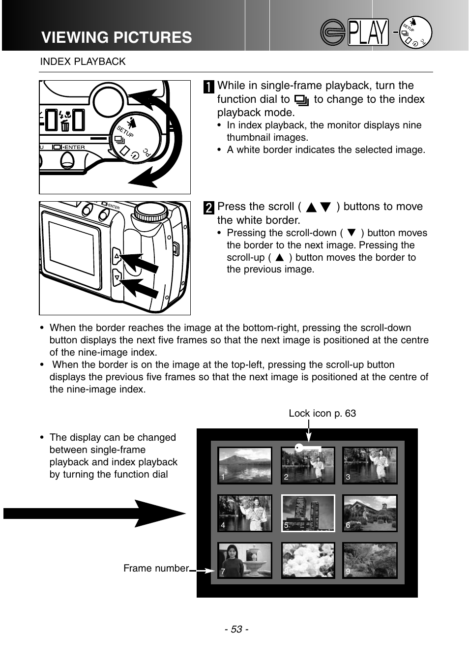 Index playback, Viewing pictures | Konica Minolta DiMAGE E201 User Manual | Page 53 / 96