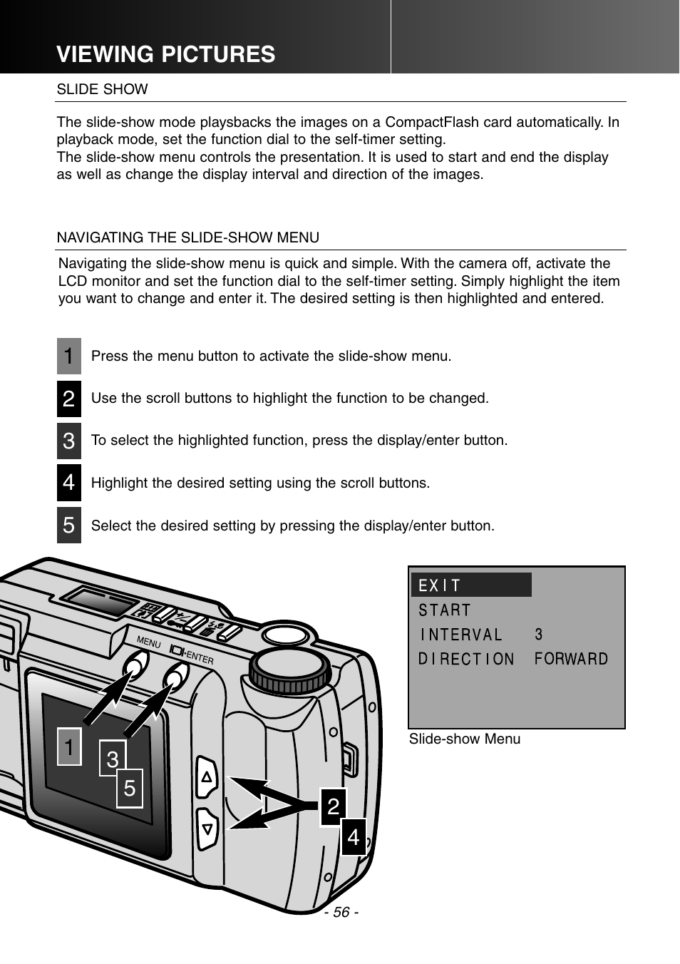 Slide show navigating the slide-show menu, Viewing pictures 3 1 2 5 | Konica Minolta DiMAGE E201 User Manual | Page 56 / 96
