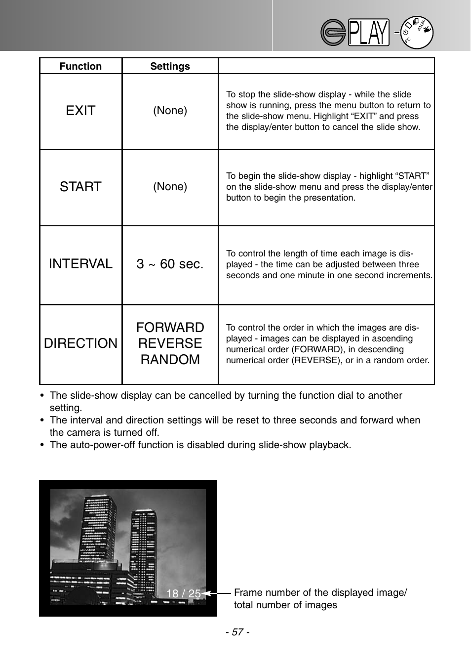 Exit start interval direction, 3 ~ 60 sec. forward reverse random | Konica Minolta DiMAGE E201 User Manual | Page 57 / 96