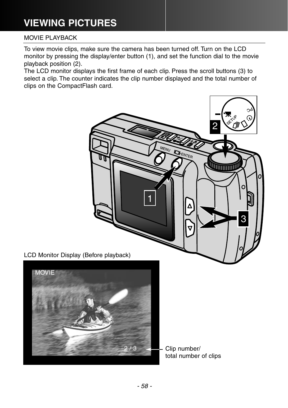 Movie playback, Viewing pictures | Konica Minolta DiMAGE E201 User Manual | Page 58 / 96