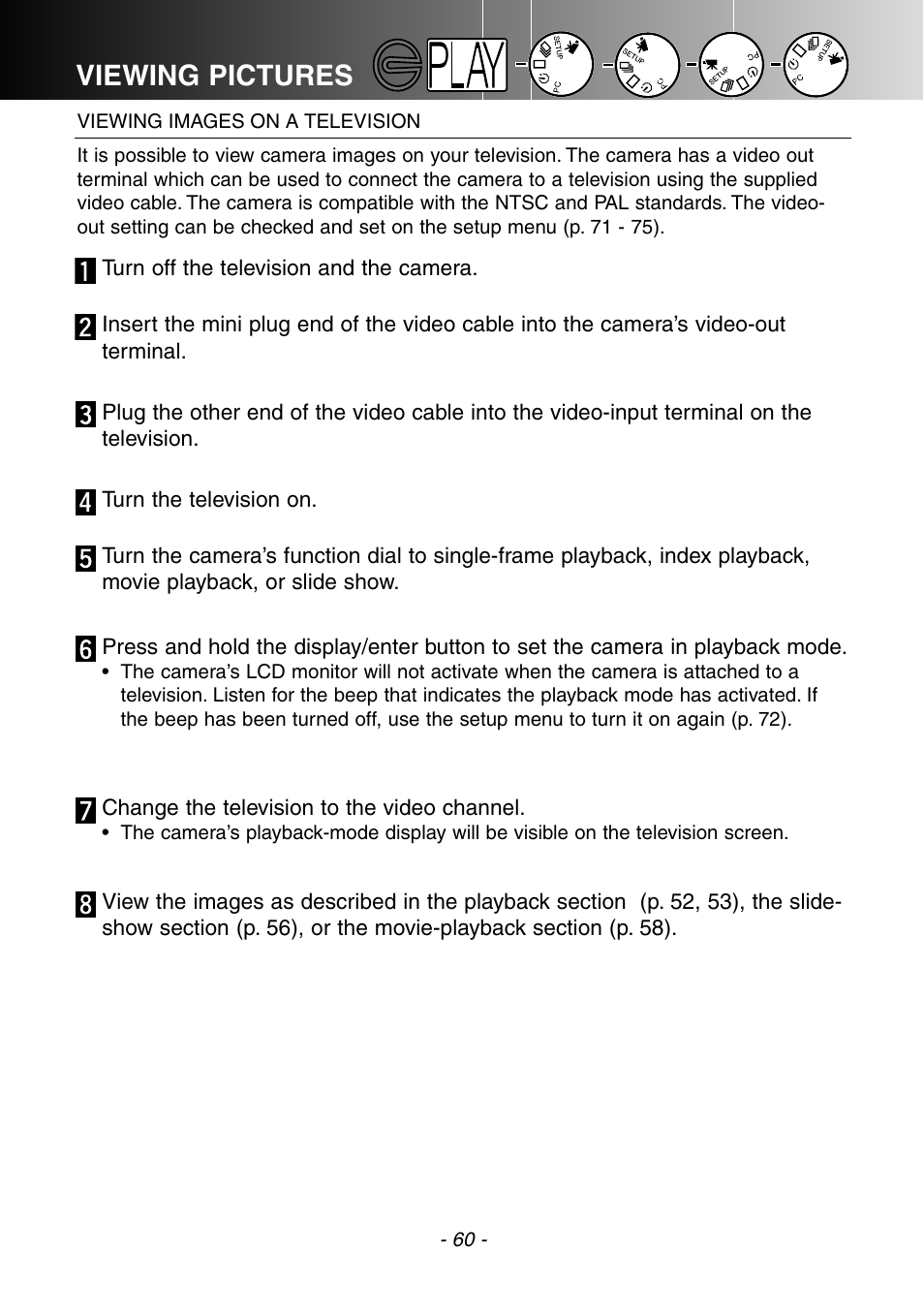 Viewing images on a television, Viewing pictures | Konica Minolta DiMAGE E201 User Manual | Page 60 / 96
