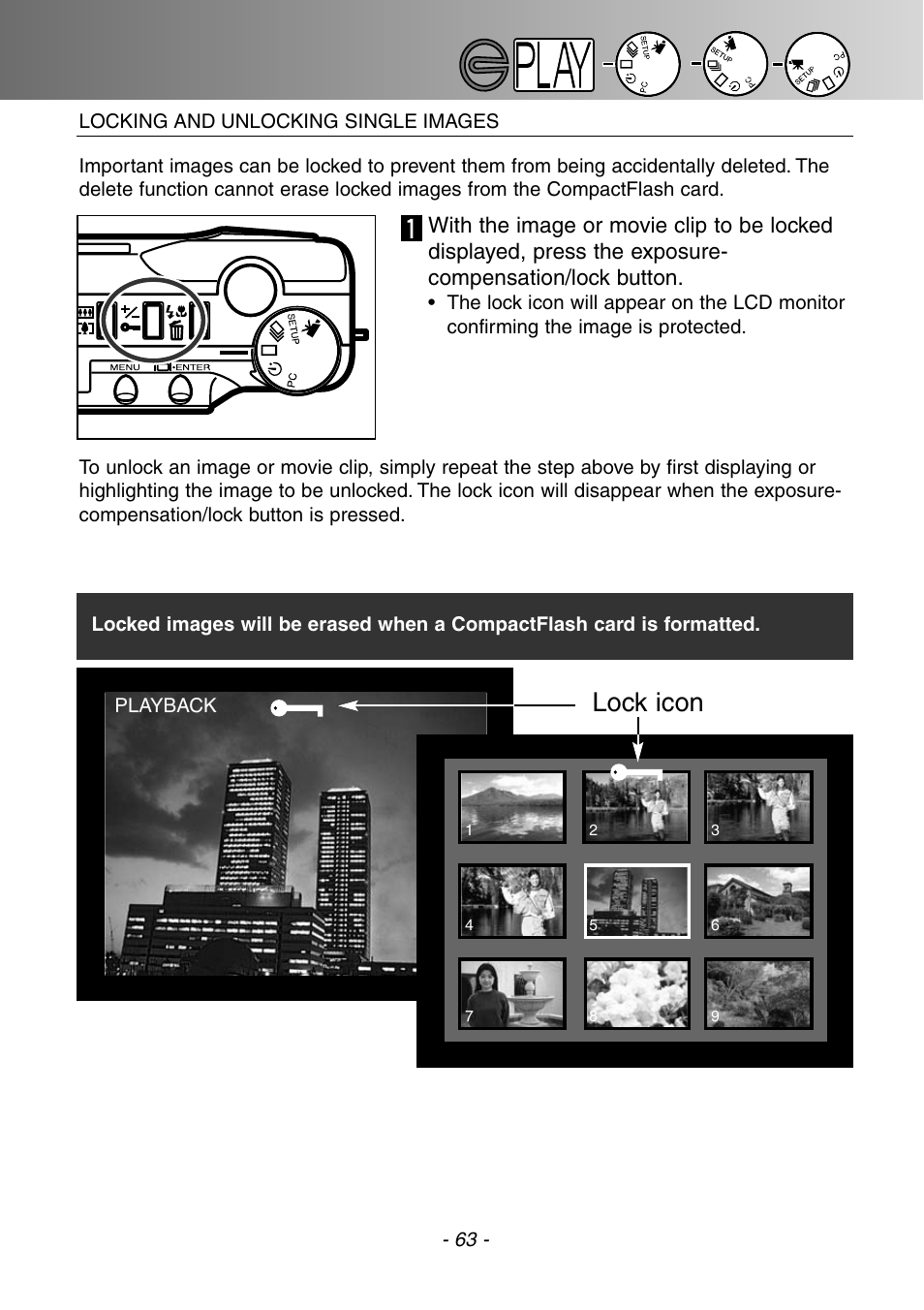 Locking and unlocking single images, Lock icon | Konica Minolta DiMAGE E201 User Manual | Page 63 / 96