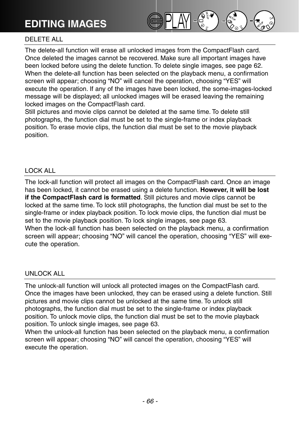 Delete all lock all unlock all, Editing images | Konica Minolta DiMAGE E201 User Manual | Page 66 / 96