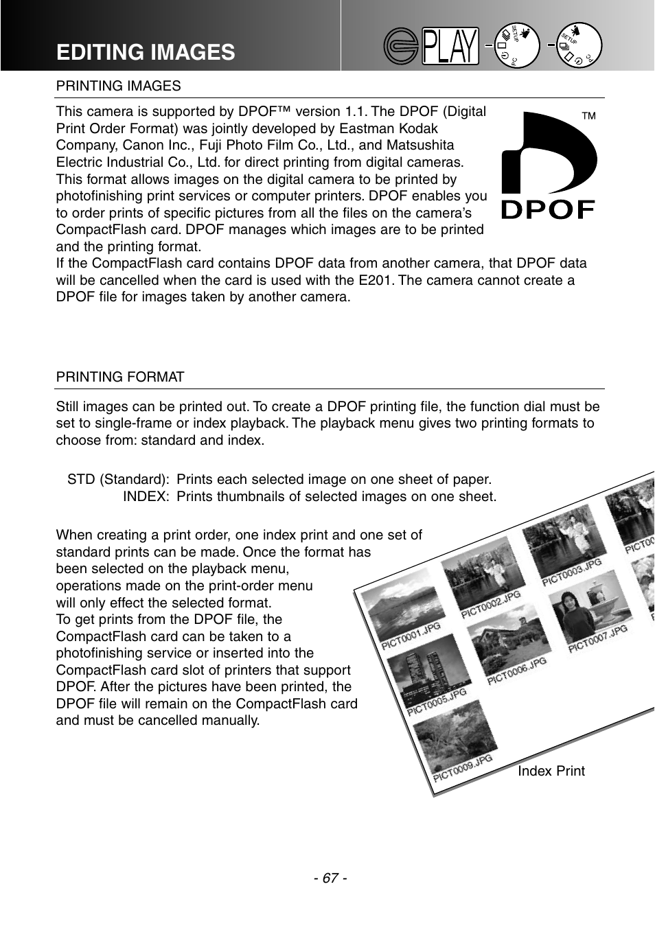 Printing images printing format, Editing images | Konica Minolta DiMAGE E201 User Manual | Page 67 / 96