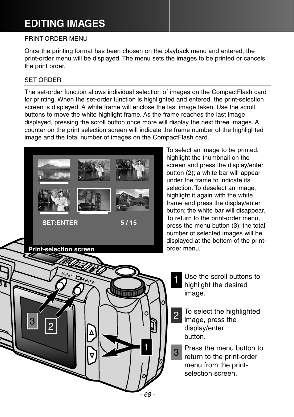Print-order menu set order, Editing images | Konica Minolta DiMAGE E201 User Manual | Page 68 / 96