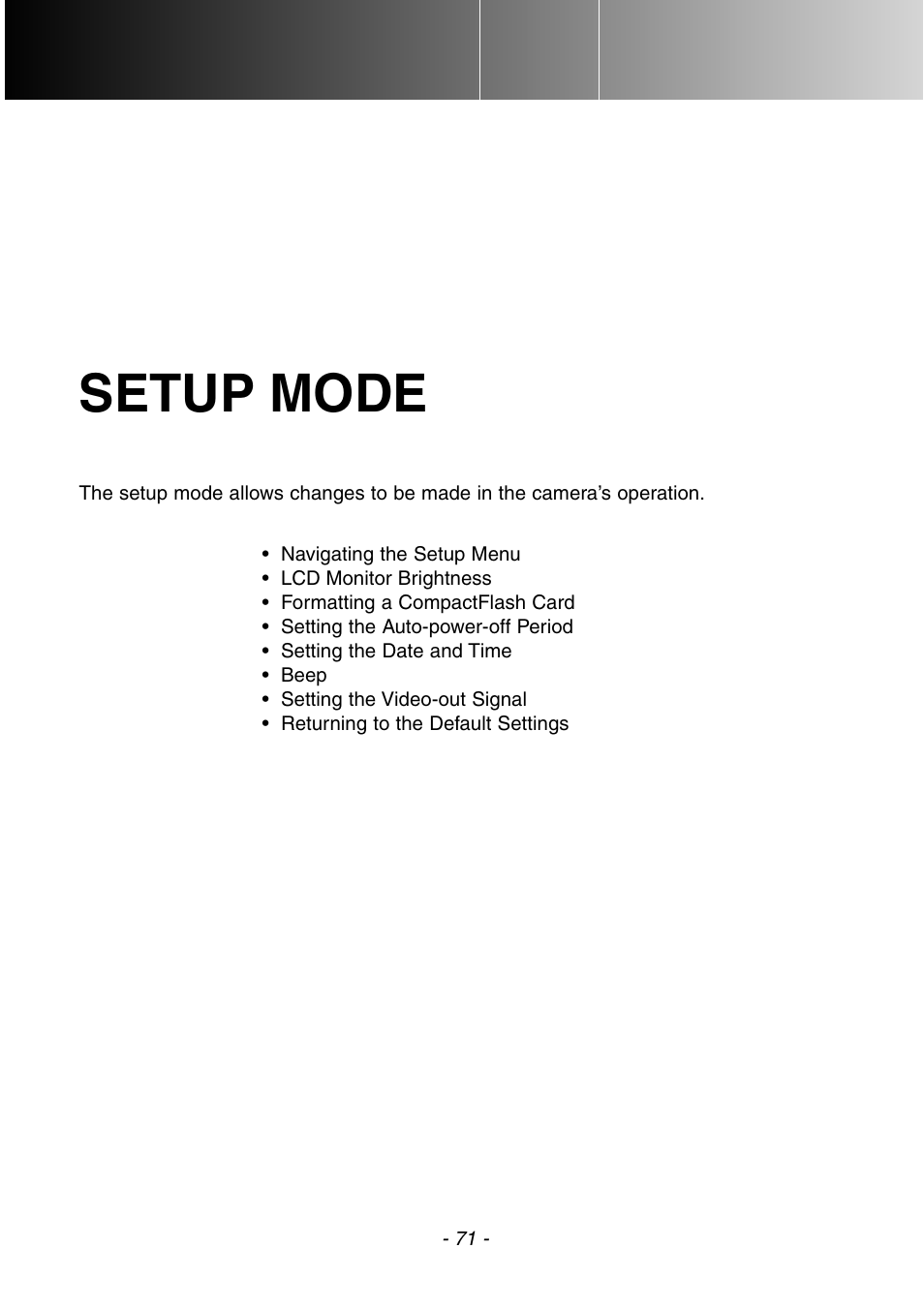 Setup mode | Konica Minolta DiMAGE E201 User Manual | Page 71 / 96