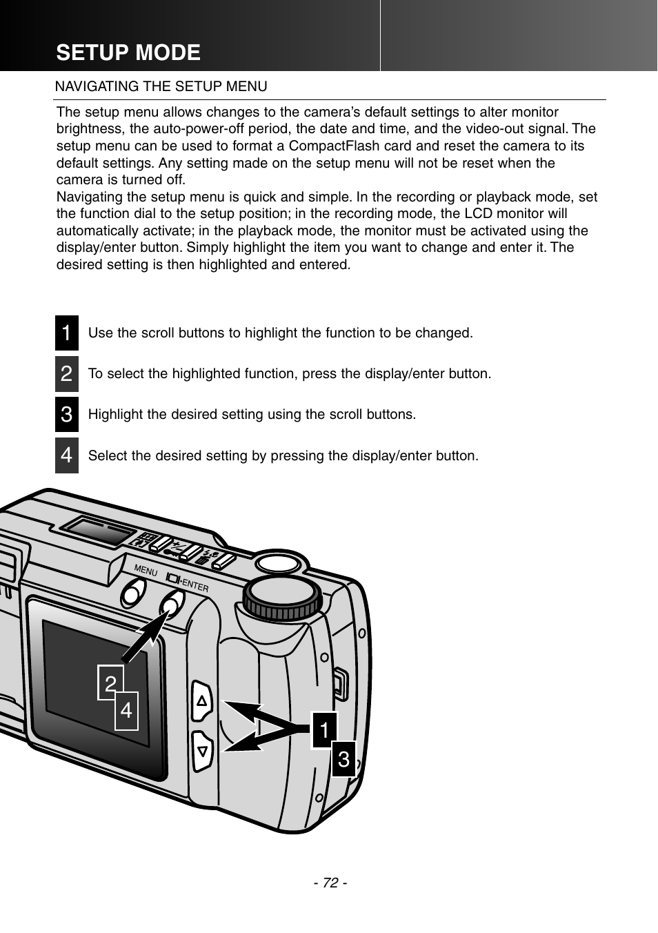 Navigating the setup menu, Setup mode | Konica Minolta DiMAGE E201 User Manual | Page 72 / 96