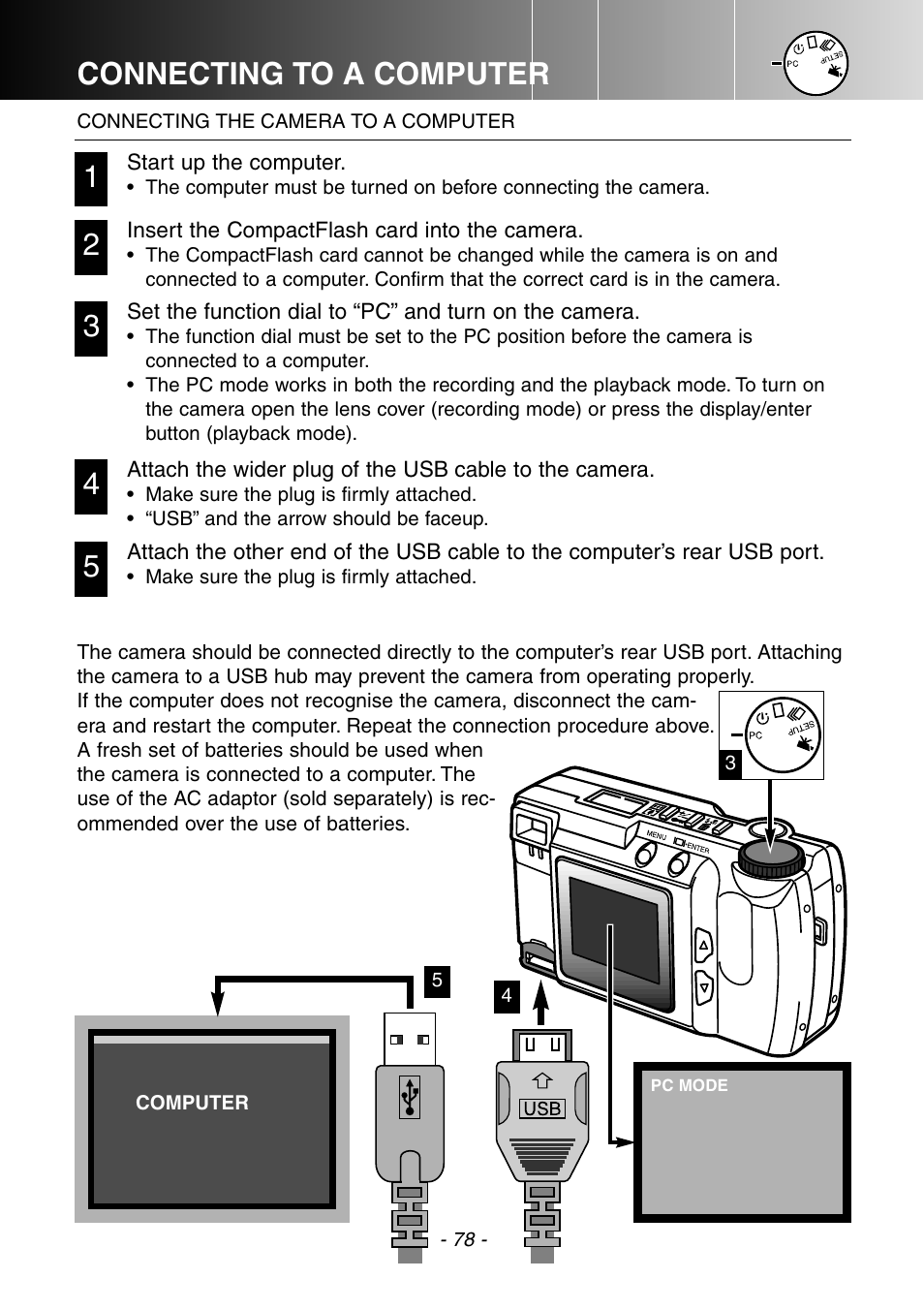 Connecting the camera to a computer, Connecting to a computer | Konica Minolta DiMAGE E201 User Manual | Page 78 / 96