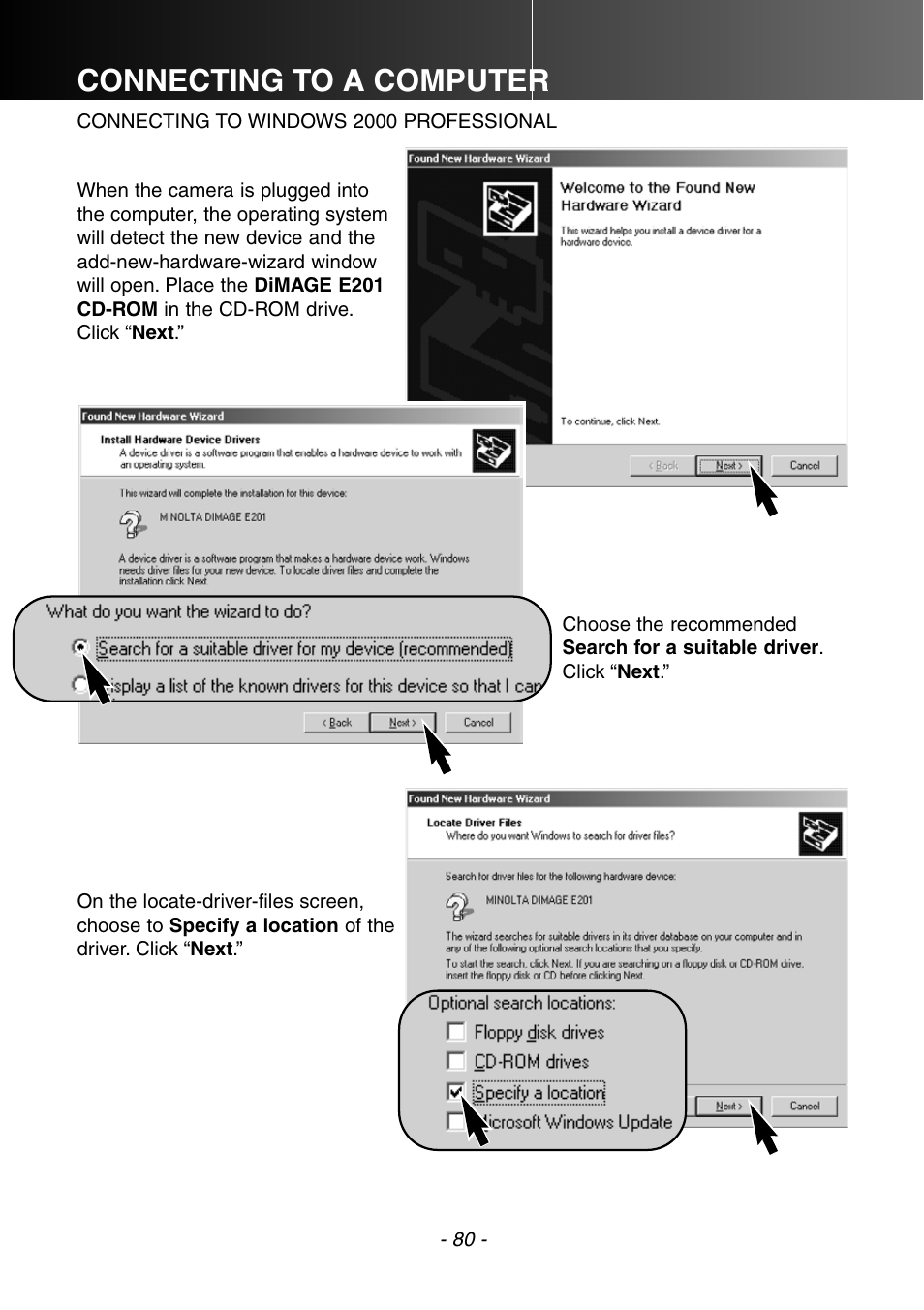 Connecting to windows 2000 professional, Connecting to a computer | Konica Minolta DiMAGE E201 User Manual | Page 80 / 96