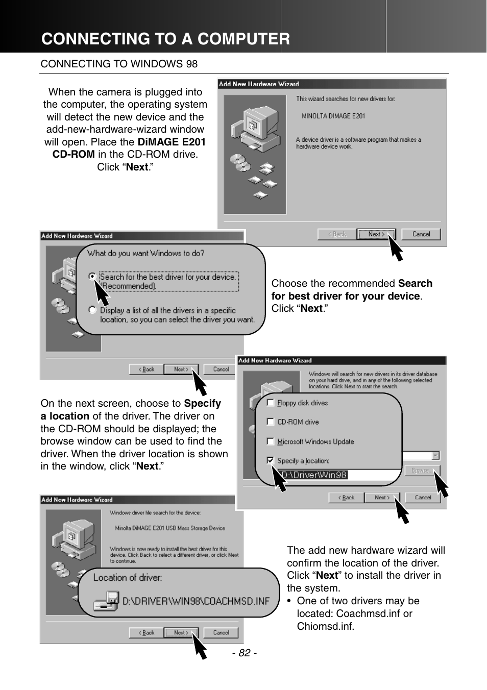 Connecting to windows 98, Connecting to a computer | Konica Minolta DiMAGE E201 User Manual | Page 82 / 96
