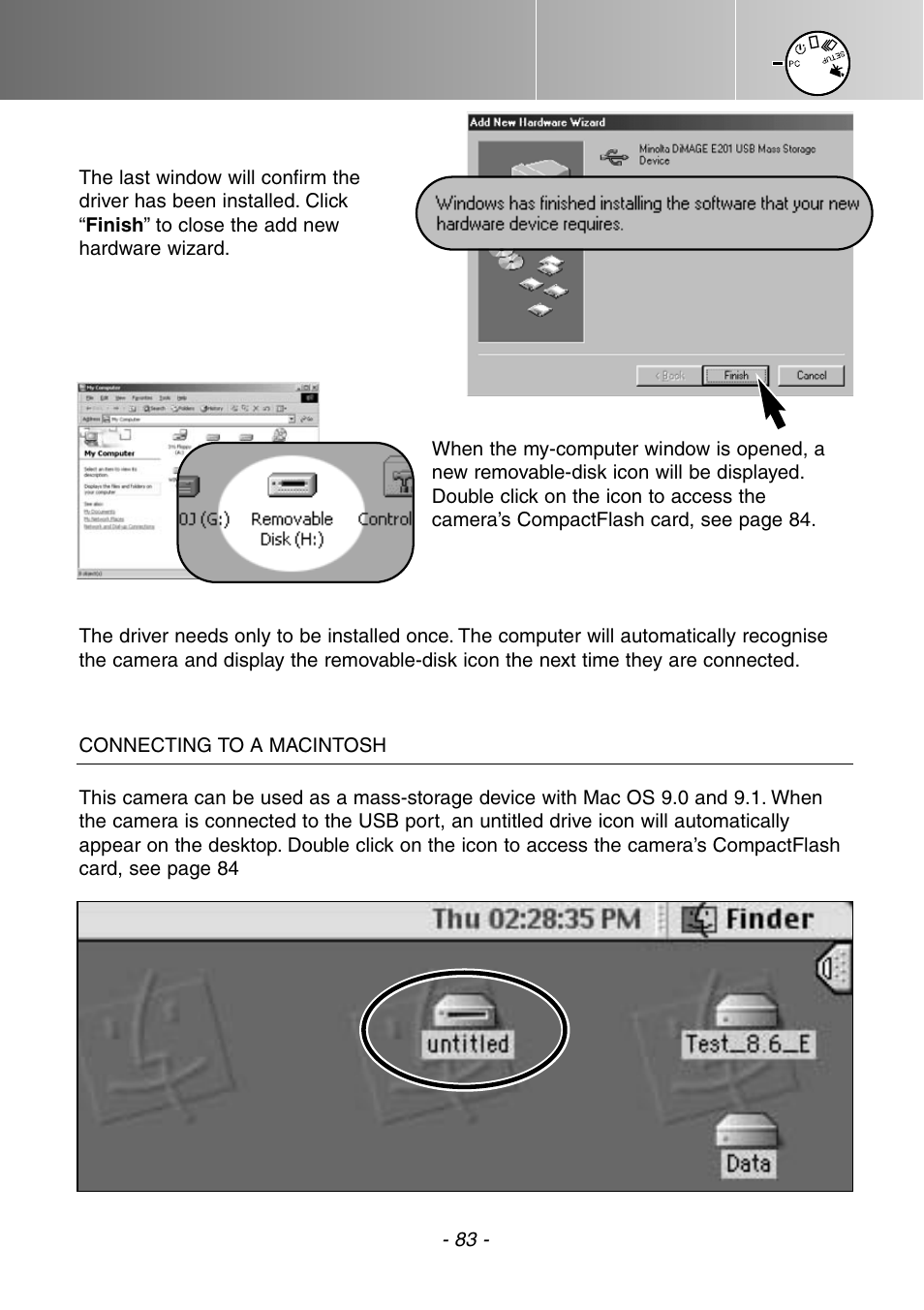 Connecting to a macintosh | Konica Minolta DiMAGE E201 User Manual | Page 83 / 96
