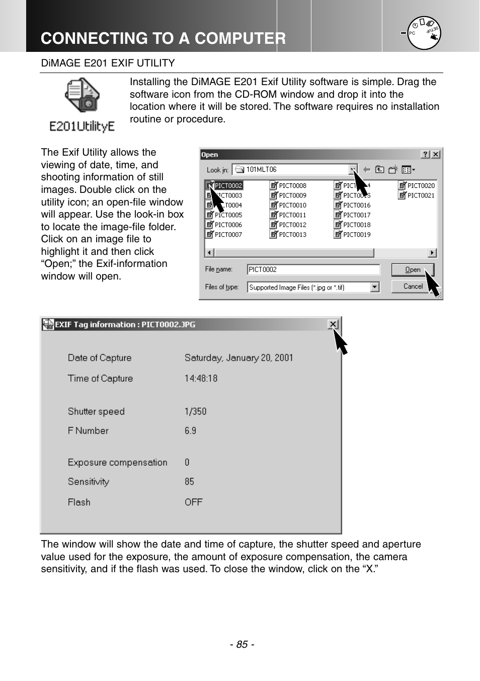 Dimage e201 exif utility, Connecting to a computer | Konica Minolta DiMAGE E201 User Manual | Page 85 / 96