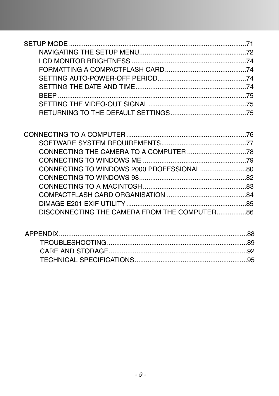 Konica Minolta DiMAGE E201 User Manual | Page 9 / 96