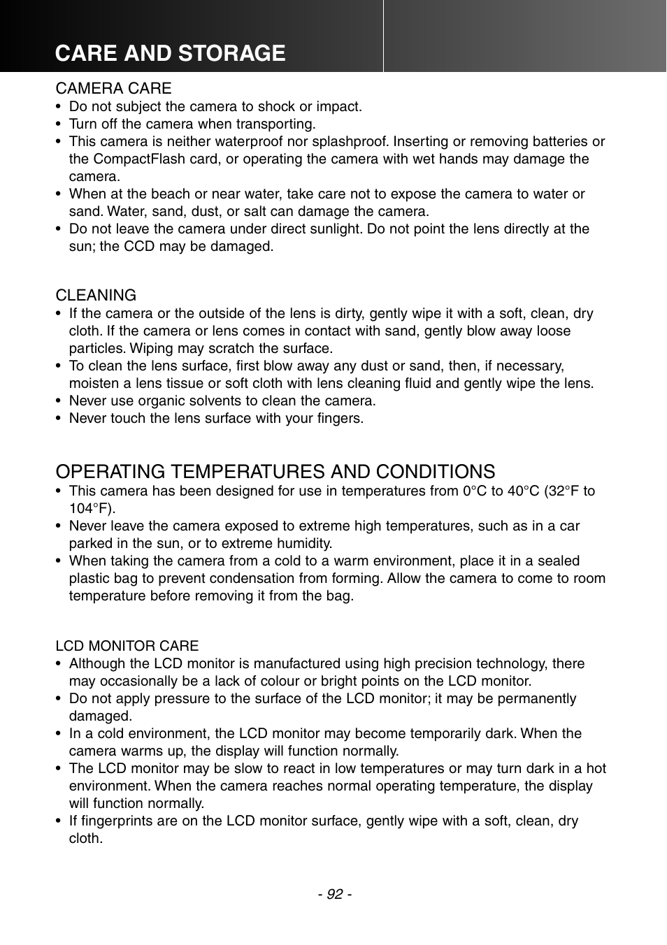 Care and storage, Operating temperatures and conditions | Konica Minolta DiMAGE E201 User Manual | Page 92 / 96