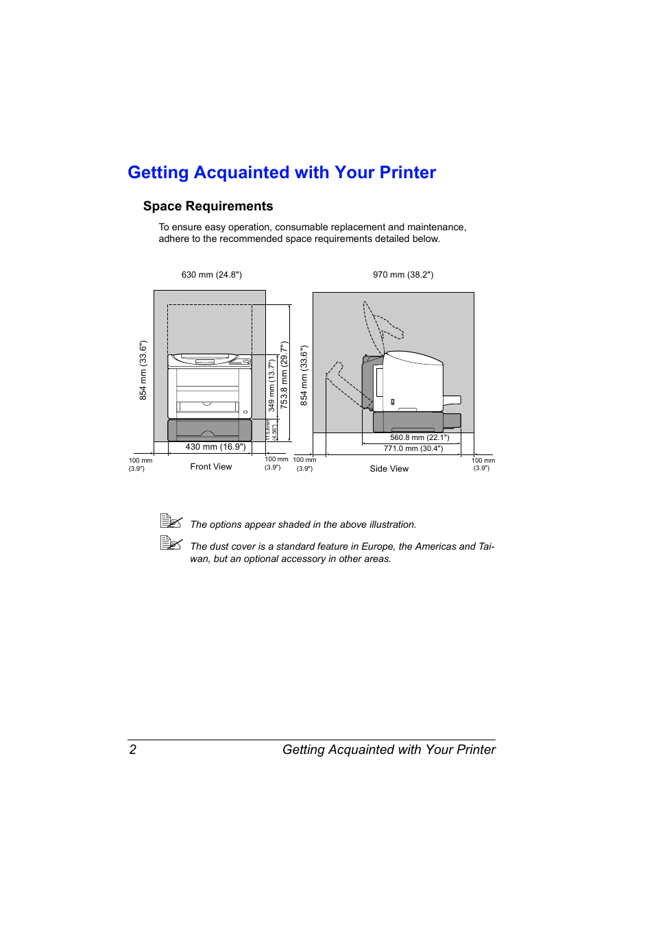Getting acquainted with your printer, Space requirements, Getting acquainted with your printer 2 | Space requirements 2 | Konica Minolta magicolor 2530 DL User Manual | Page 10 / 154