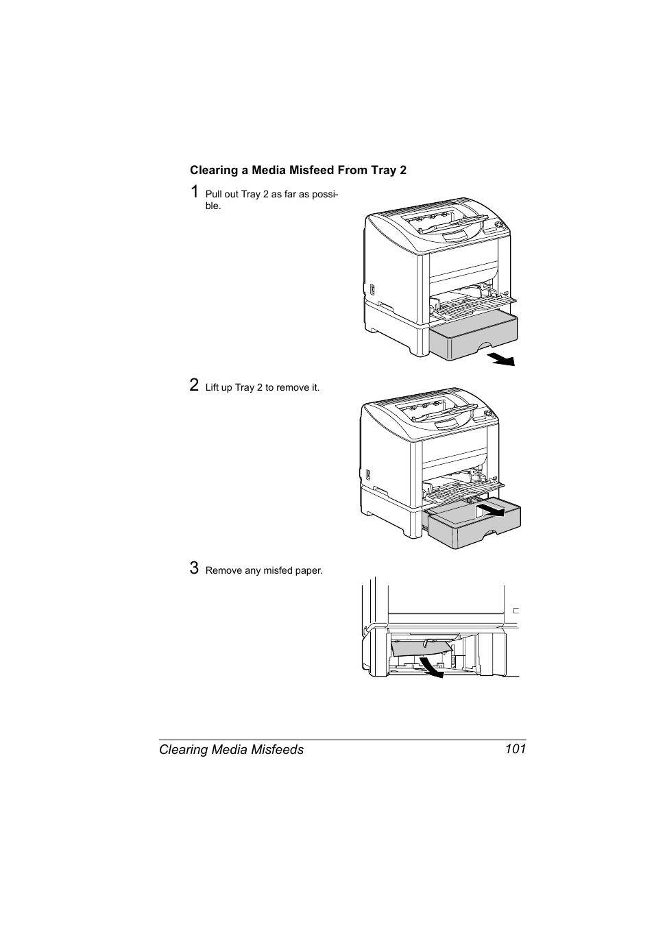 Clearing a media misfeed from tray 2, Clearing a media misfeed from tray 2 101 | Konica Minolta magicolor 2530 DL User Manual | Page 109 / 154