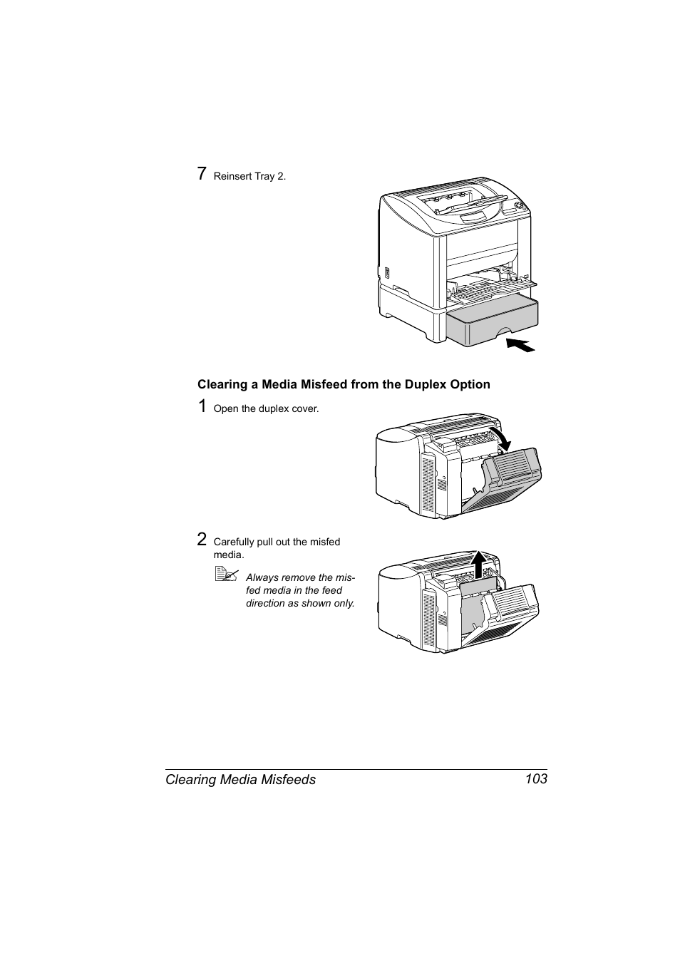 Clearing a media misfeed from the duplex option | Konica Minolta magicolor 2530 DL User Manual | Page 111 / 154