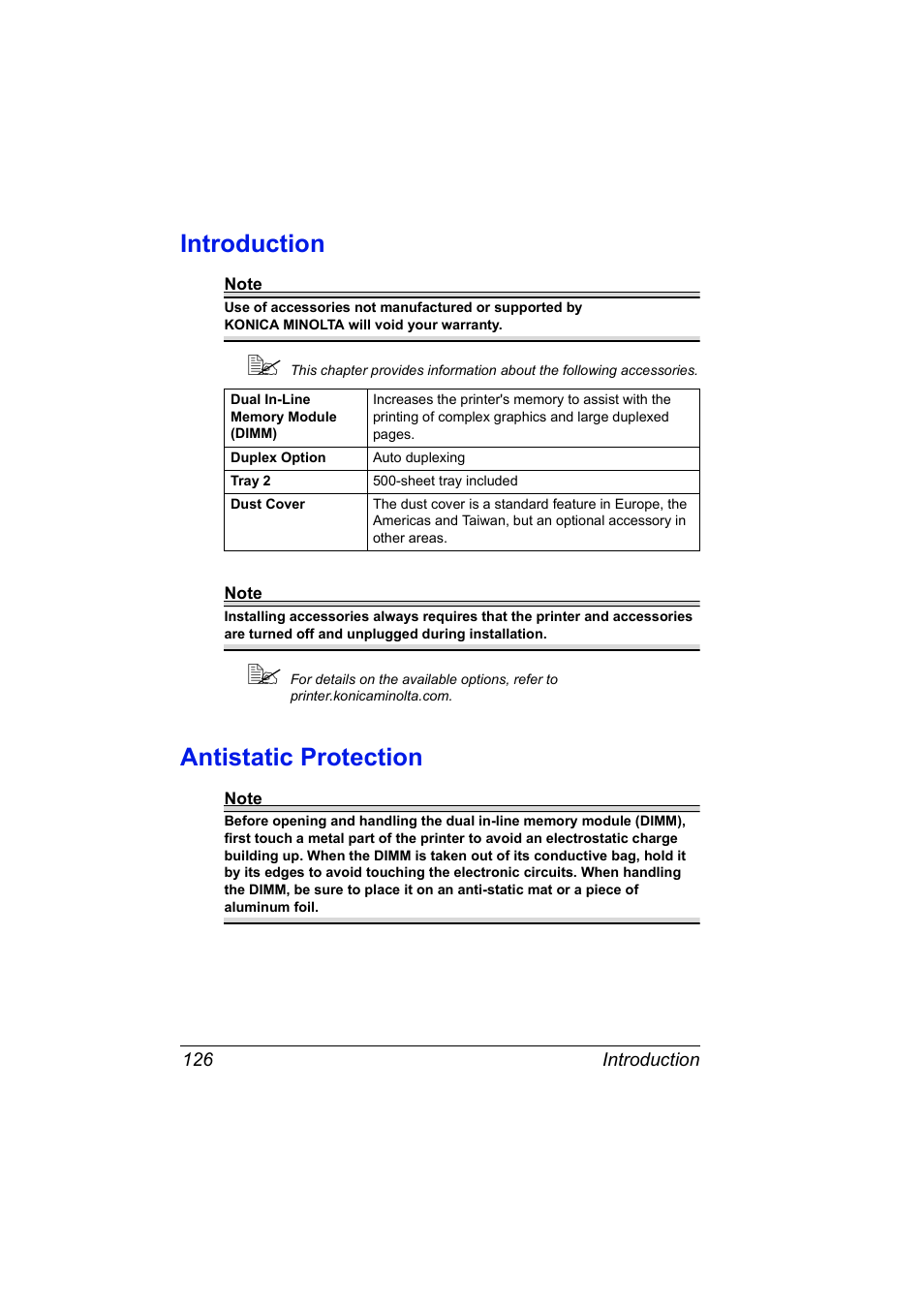 Introduction, Antistatic protection, Introduction 126 antistatic protection 126 | Konica Minolta magicolor 2530 DL User Manual | Page 134 / 154