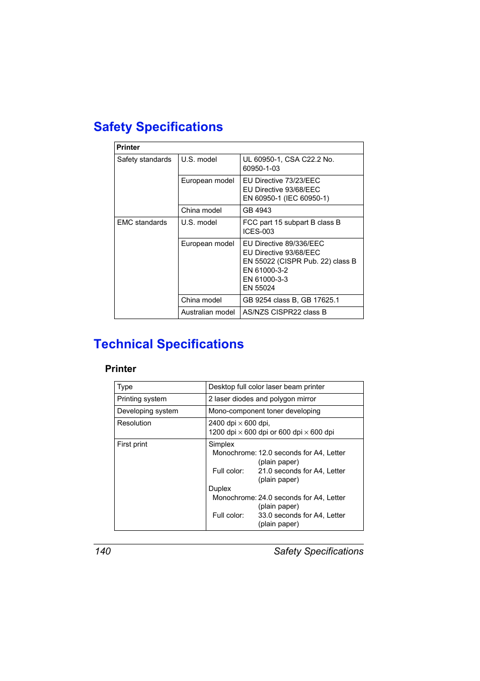 Safety specifications, Technical specifications, Printer | Printer 140, Safety specifications technical specifications, Safety specifications 140 | Konica Minolta magicolor 2530 DL User Manual | Page 148 / 154