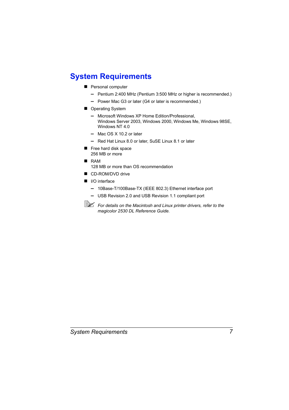 System requirements, System requirements 7 | Konica Minolta magicolor 2530 DL User Manual | Page 15 / 154