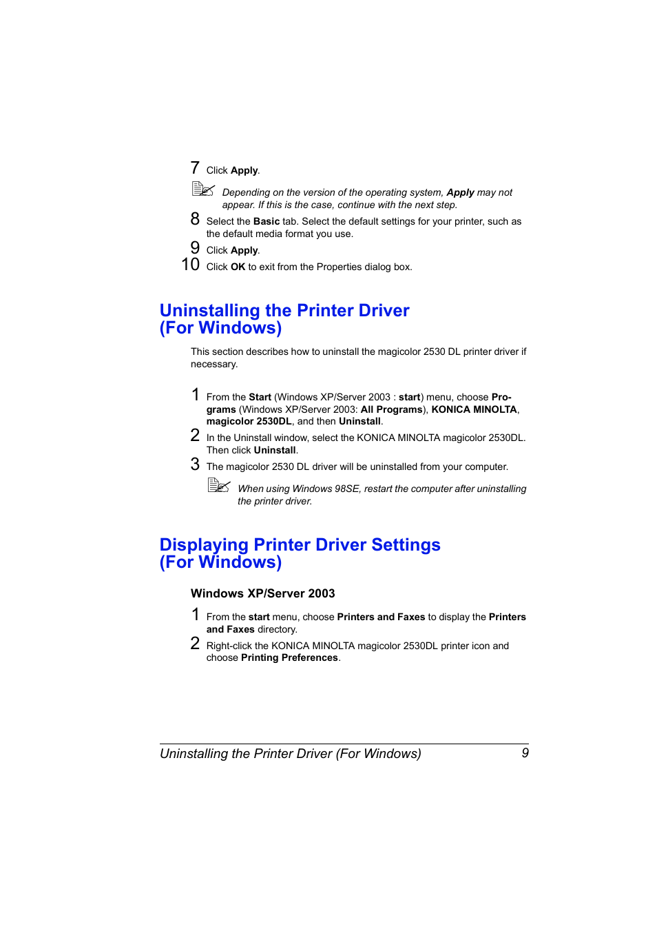 Uninstalling the printer driver (for windows), Displaying printer driver settings (for windows), Windows xp/server 2003 | Windows xp/server 2003 9 | Konica Minolta magicolor 2530 DL User Manual | Page 17 / 154