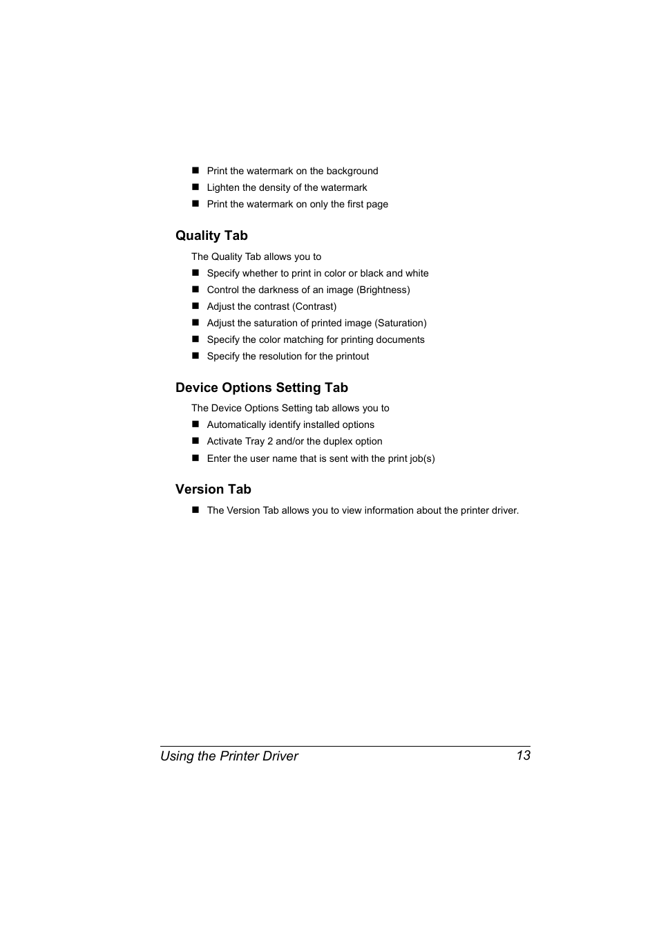 Quality tab, Device options setting tab, Version tab | Using the printer driver 13 | Konica Minolta magicolor 2530 DL User Manual | Page 21 / 154