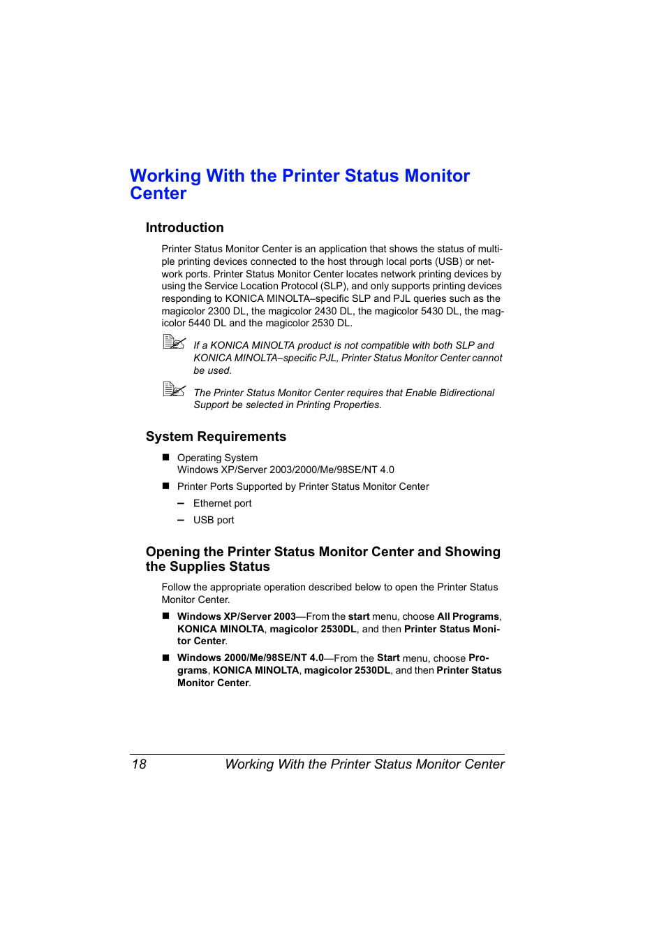 Working with the printer status monitor center, Introduction, System requirements | Working with the printer status monitor center 18 | Konica Minolta magicolor 2530 DL User Manual | Page 26 / 154