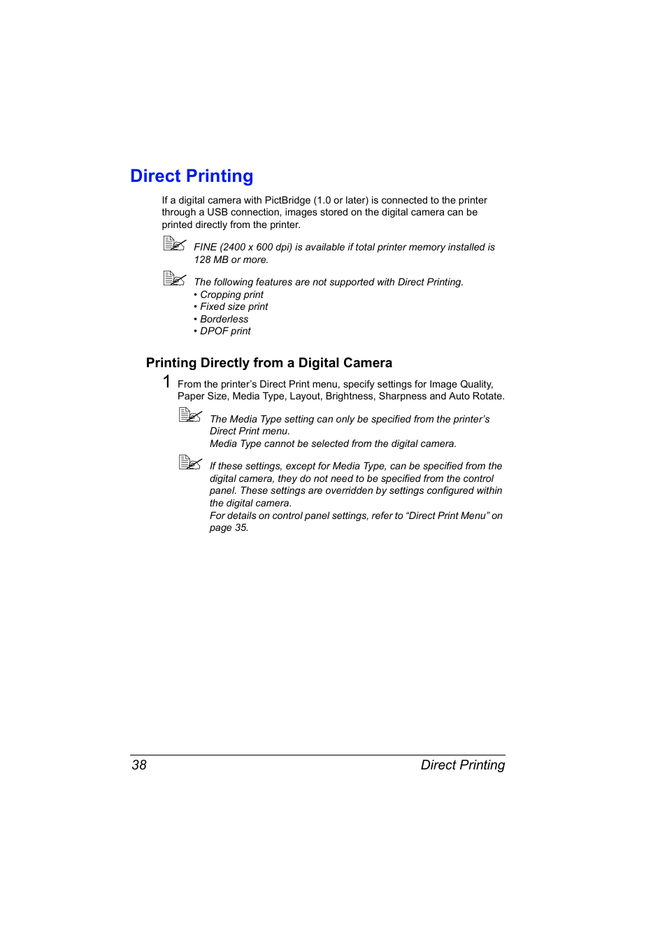 Direct printing, Printing directly from a digital camera, Direct printing 38 | Printing directly from a digital camera 38 | Konica Minolta magicolor 2530 DL User Manual | Page 46 / 154