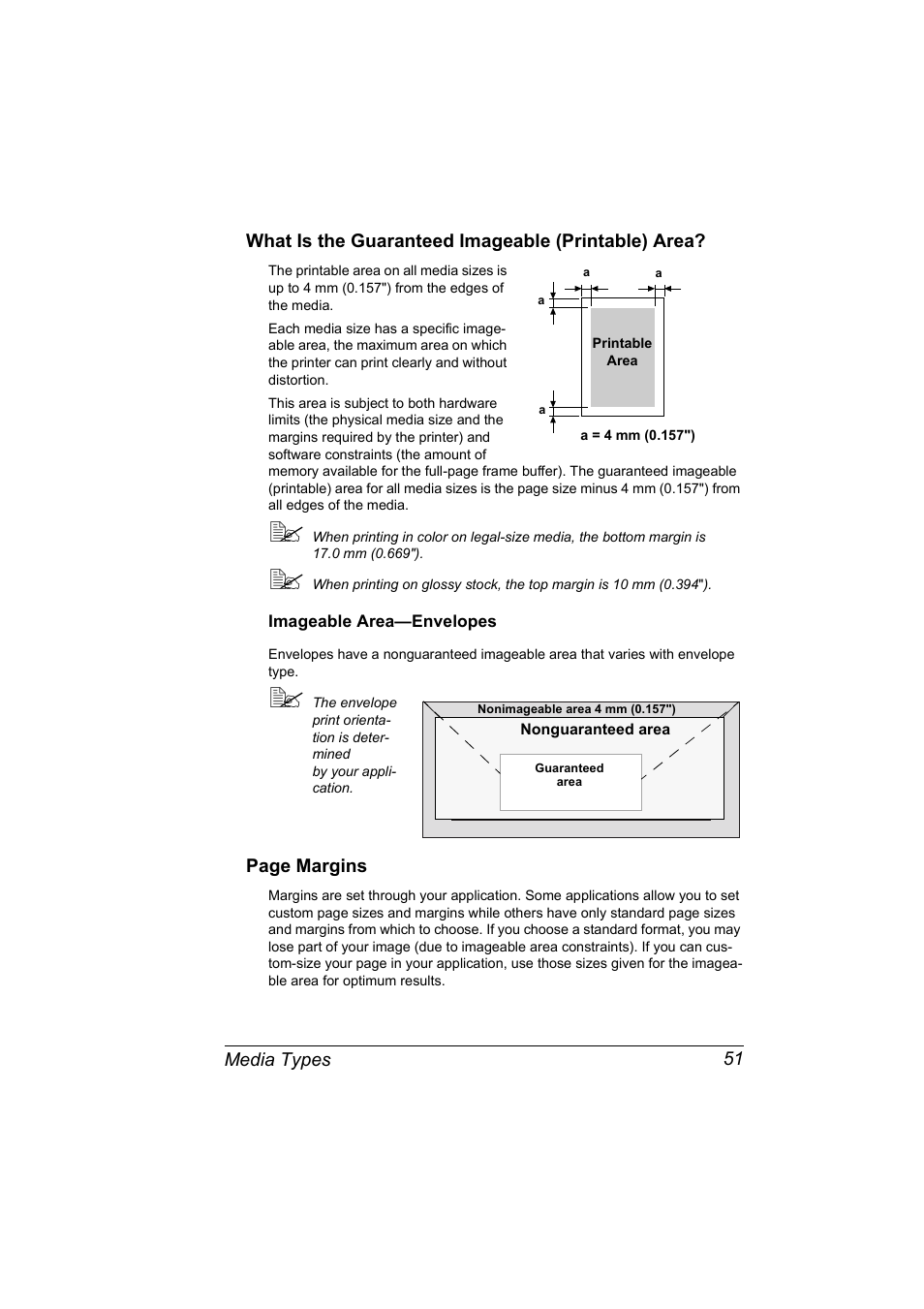 What is the guaranteed imageable (printable) area, Imageable area—envelopes, Imageable area—envelopes 51 | Konica Minolta magicolor 2530 DL User Manual | Page 59 / 154