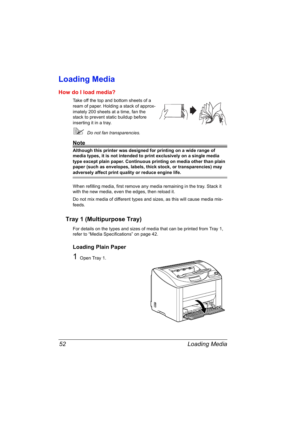 Loading media, Tray 1 (multipurpose tray), Loading plain paper | Loading media 52, Tray 1 (multipurpose tray) 52, Loading plain paper 52 | Konica Minolta magicolor 2530 DL User Manual | Page 60 / 154