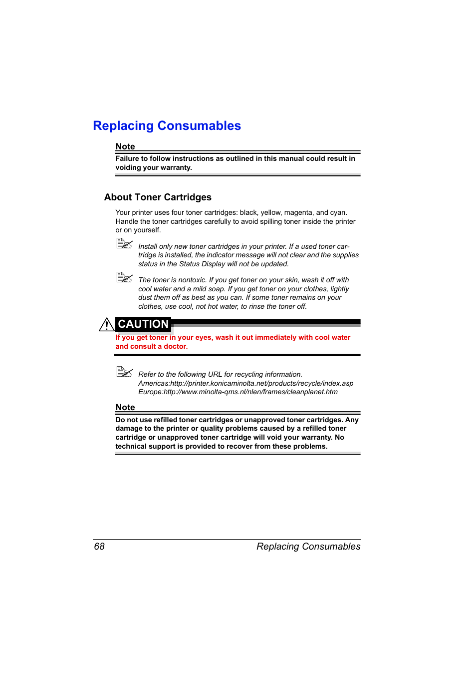 Replacing consumables, About toner cartridges, Replacing consumables 68 | About toner cartridges 68 | Konica Minolta magicolor 2530 DL User Manual | Page 76 / 154