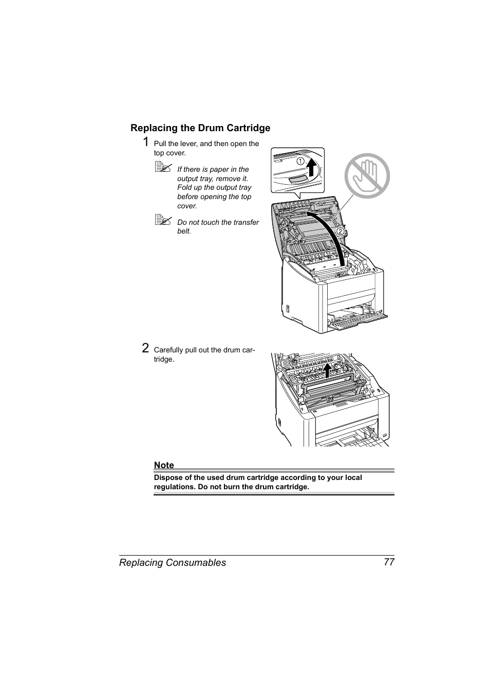 Replacing the drum cartridge, Replacing the drum cartridge 77 | Konica Minolta magicolor 2530 DL User Manual | Page 85 / 154